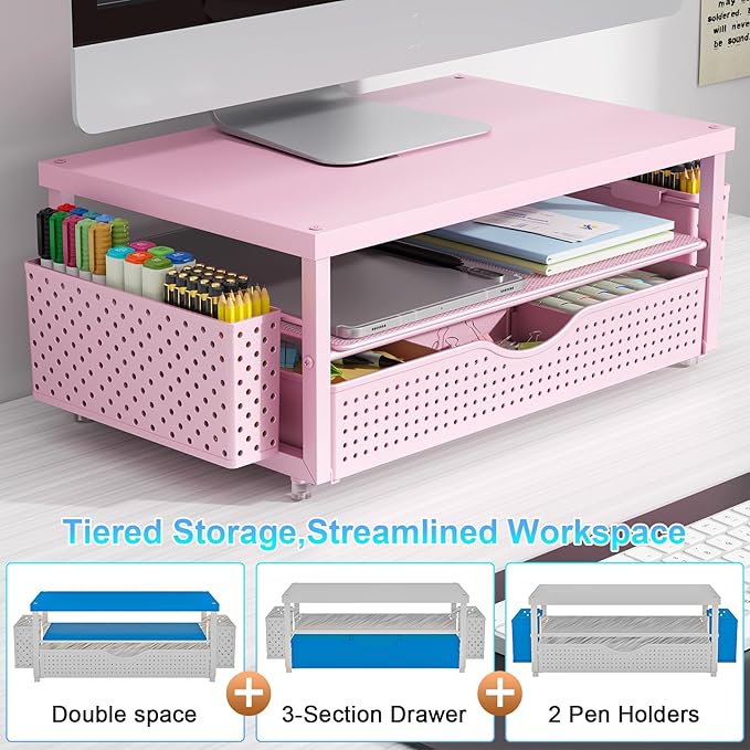 gianotter Wood Monitor Stand Riser, Desk Organizer with Drawer and 2 Pen Holders, 2-Tier Workspace Organizer for Office Supplies(Pink Wood)