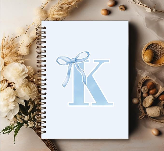 Initial K Notebook Journal,Personalized Teen Girl Gifts,Coquette Trendy Preppy Blue Bow Spiral Notebook,Monogrammed Gifts for Women Teen Girl,College Ruled Hardcover Spiral Notebook 5.5 x 8.3