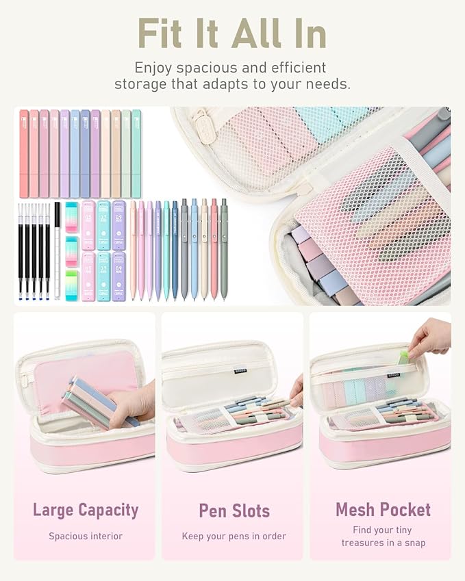 Four Candies 39 PCS Aesthetic School Supplies with Cute Pen Case, 12 Pastel Highlighters, 5 Black Ink Gel Pens, 6 Mechanical Pencils Set 0.5 & 0.7 mm for Students Stationary College Essentials (Pink)