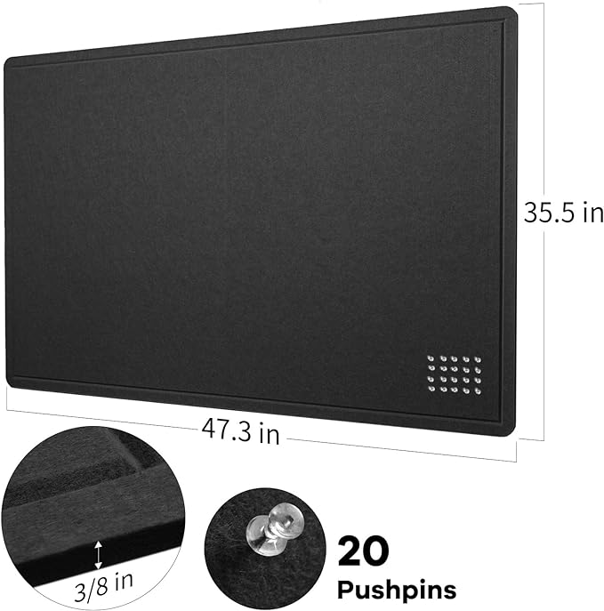 Large Bulletin Board - 48 x 36 Inches, Decorative Felt Pin Board for Wall - 4' x 3' Foldable Photo Display Board with Self-Adhesive Tape, Includes 20 Push Pins - Black