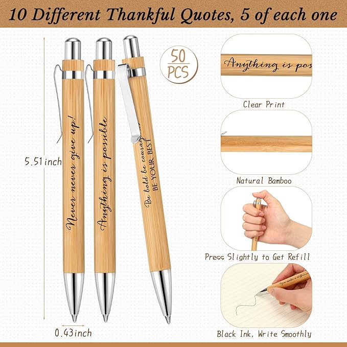 Fulmoon 30 Pcs Employee Appreciation Gifts Bulk Inspirational Bamboo Pens Motivational Thank You Wood Writing Ballpoint Pens for Coworkers Team Staff Leadership Teacher Student Back to School Gifts