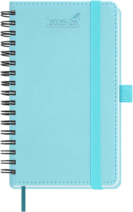 BEZEND Pocket Planner 2025-2026 Weekly and Monthly, 3.5" x 6" Academic Planner (Jul 25-Dec 26) 18-Month Mid-Year Calendar Book, Storage Pocket, Pen Holder, PU Leather Softcover, Spiral - Sky Blue