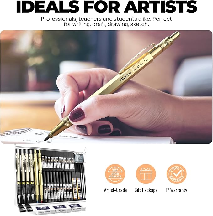 Nicpro 37PCS Gold Art Mechanical Pencil Set, 4PCS Metal Drafting Pencil 0.3/0.5/0.7/0.9 mm & 2PCS 2mm Lead Holder (6B 4B 2B HB 2H 4H) School Supplies for Sketching Drawing with 23 Tube Lead Refills