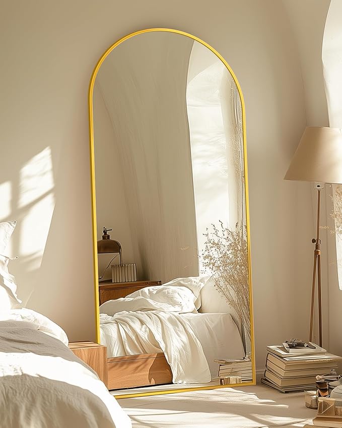 Full-Length Floor Mirror with Stand, 58"x21" Arched Style Full Body Standing Mirror for Bedroom, Living Room, Gym, Dorm - Shatter-Resistant & Easy Assembly, Gold
