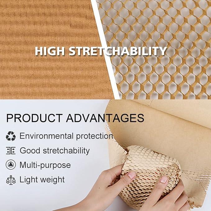 Honeycomb Packing Paper, 12" x 400' Honeycomb Cushioning Wrap Roll for Moving Shipping Packaging Gifts, Recyclable Honeycomb Paper Bubble Paper Wrapping with 20 Fragile Sticker Labels