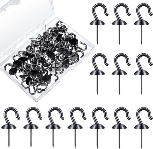 Hotop 60 Pieces Push Pin Wall Hooks Metal Thumb Tack Hangers Iron Alloy Nail Decorative Picture Hooks for 20 Lbs Home Office School Party Supply (Black)