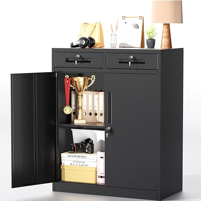 Greenvelly Metal Storage Cabinet with Drawers, 36' Black Steel Garage & Office Storage with Doors and Adjustable Shelves, Locking Metal Tool Cabinet