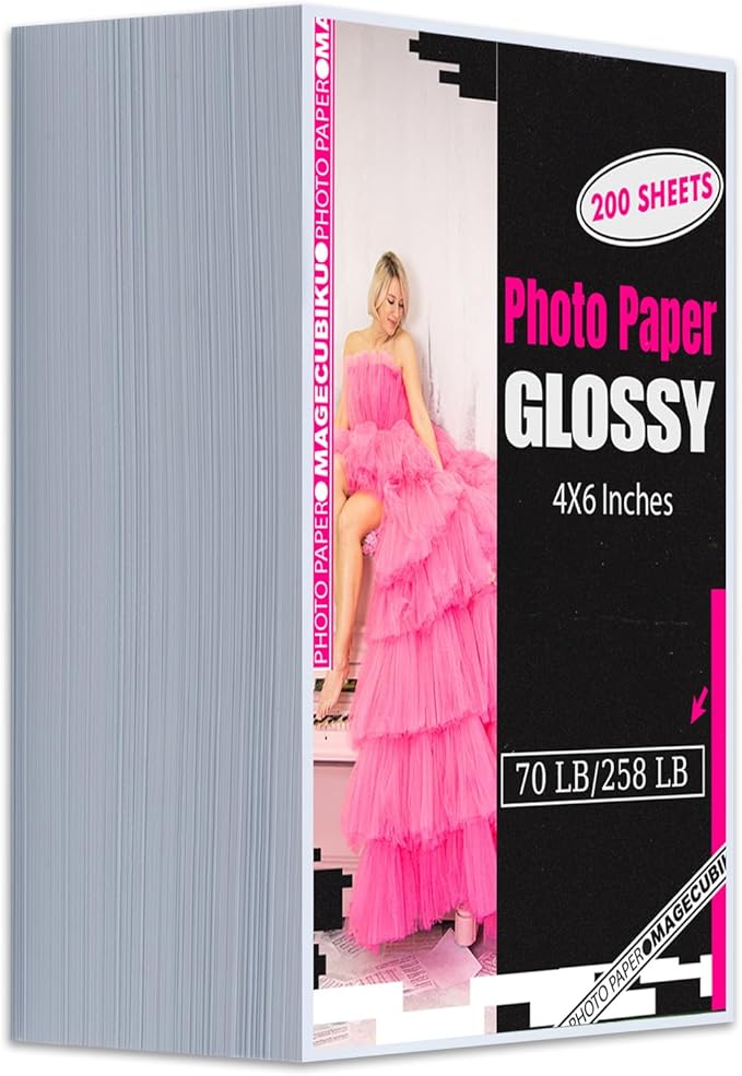 Glossy Photo Paper 4x6 Inches,200 Sheets 70 lb/258 gsm Premium Heavyweight Photographic Paper for Inkjet Printer Instant Dry Professional Postcard Picture Use Dye Ink