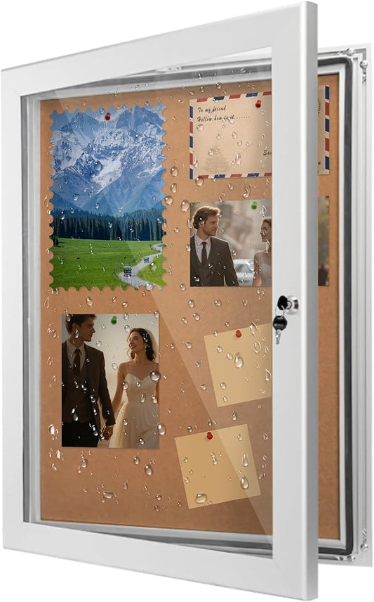 Locking Enclosed Bulletin Board Aluminum Cork Memo Board Wall Mount Noticeboard with Rubber Seal Tamperproof Single Door Display Case for Indoor Or Outdoor Use, 26.8×20 in