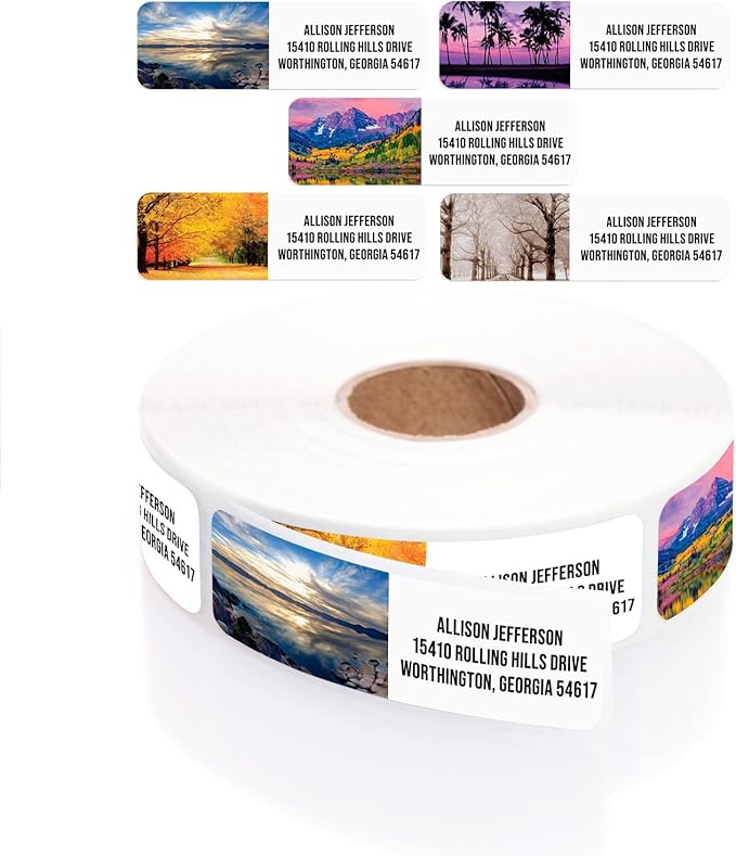 Scenic Landscape Rolled Address Labels / 250 Personalized Return Address Labels/Designer Address Stickers in Elegant Plastic Dispenser