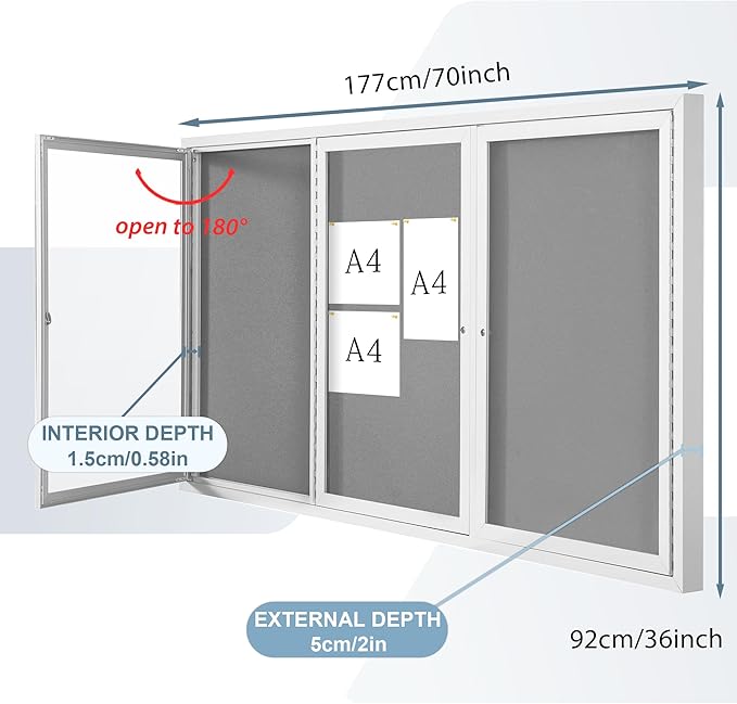 Outdoor Bulletin Board Weatherproof 72x36 in,Enclosed Bulletin Board with Locking Door, Wall Display Case for Office School Home Commercial, Silver Aluminum Frame, Gery Felt