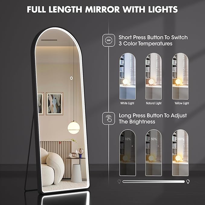 Hasipu 55" X 18" Full Length Mirror with Lights, Black Frame Arch Led Mirror Full Length and 3 Colors Temperatures & Brightness Adjustable,Light Up Mirror Full Body for Bedroom Cloakroom Living Room