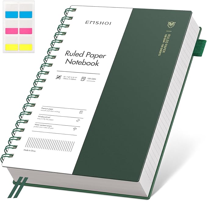 EMSHOI Lined Spiral Journal Notebook, B5 College Ruled Notebook, 300 Pages/150 Sheets, 100gsm Acid-Free Paper, Waterproof Softcover Notebook for School, Work, Note Taking, 7.48" × 10.15" - Dark Green
