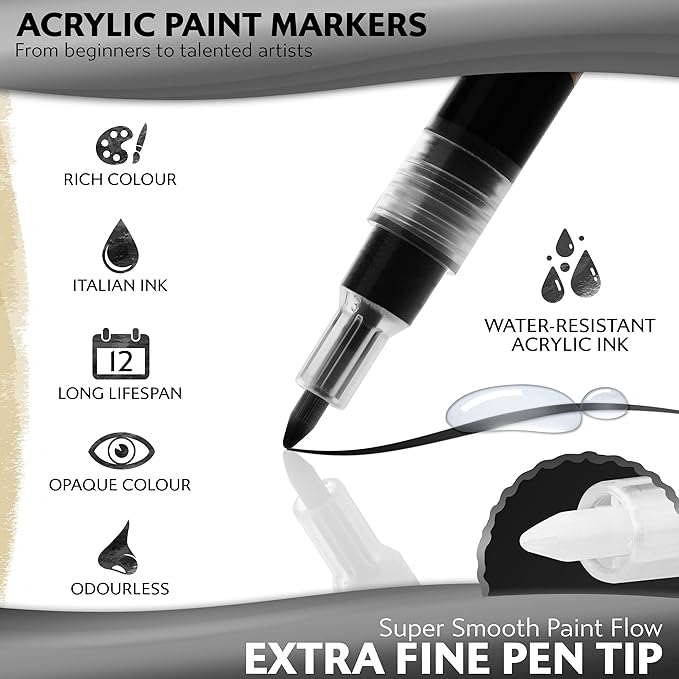 Stylo 4 Count Acrylic Metallic Pens - Black, Gold, Silver And White Paint Pens - Fine Tip Permanent Acrylic Metallic Paint Markers for Rock Painting, Glass, Wood, Ideal for Arts and Crafts