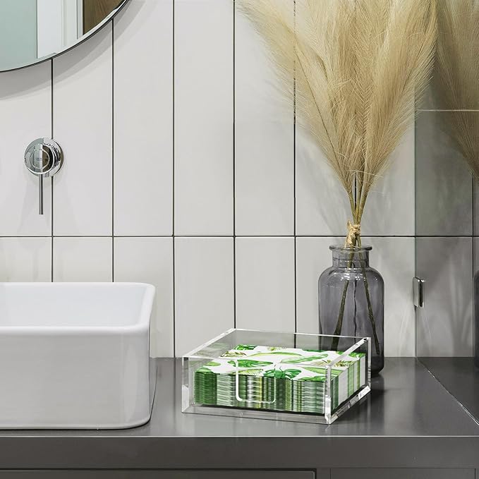 HIIMIEI Acrylic Napkin Holder for Table: Square Cocktail Napkin Dispenser, Flat Guest Towel Holder Tray, Disposable Hand Towel for Bathroom, Kitchen, Bar, Dinner, Party（Clear）
