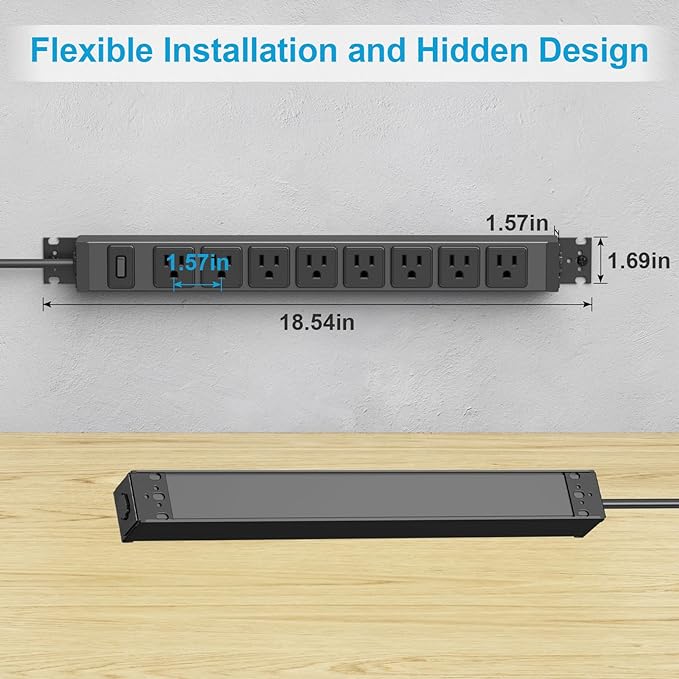 HHSOET Metal 360° Rotating Mountable Power Strip, 8 Outlet Gaming Table Mounted Outlet Strip, Heavy Duty Wall Mount Surge Protector with Switch, 15A 125V 1875W, 15ft Power Cord.(Black)