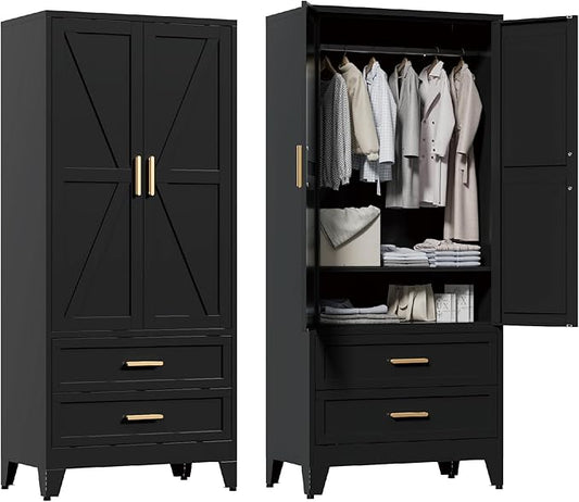 71'' Farmhouse Metal Wardrobe Cabinet with Hanging Rod, 2 Barn Door Wardrobe Closet with Adjustable Shelves,2 Drawer,for Dining Room,Bedroom,Living Room, Cloak Room,Office (Black)