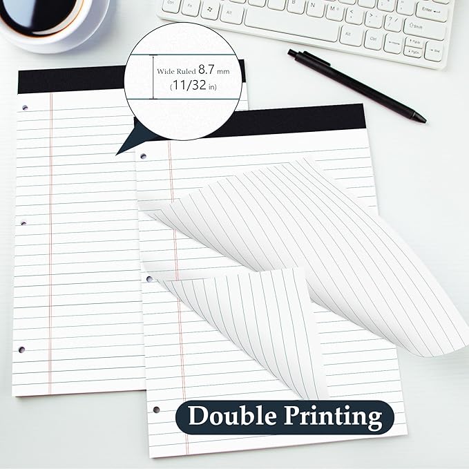HAUTOCO 2 Pack 8.5 x 11 Legal Pads White Wide Ruled Notepads Perforated Writing Pads, 30 Sheets Per Notepad, 3-Hole Punched Paper, Writing Note Pads for School, Home, Office, Business