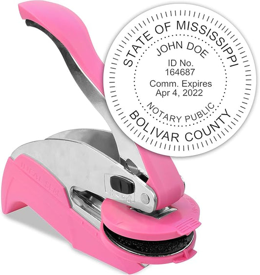MaxMark Notary Seal Round Pink Embosser for Mississippi State - Includes Gold Burst Seal Labels (50 Count)