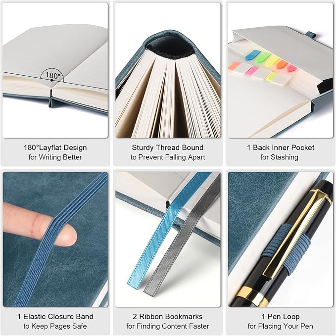 College Ruled Notebook, Large B5 Lined Journal Notebook, 314 Numbered Pages Work Notebook with Index Stickers, 100gsm Paper, Hardcover Vegan Leather Journal for Women Men School Office, Grey Blue