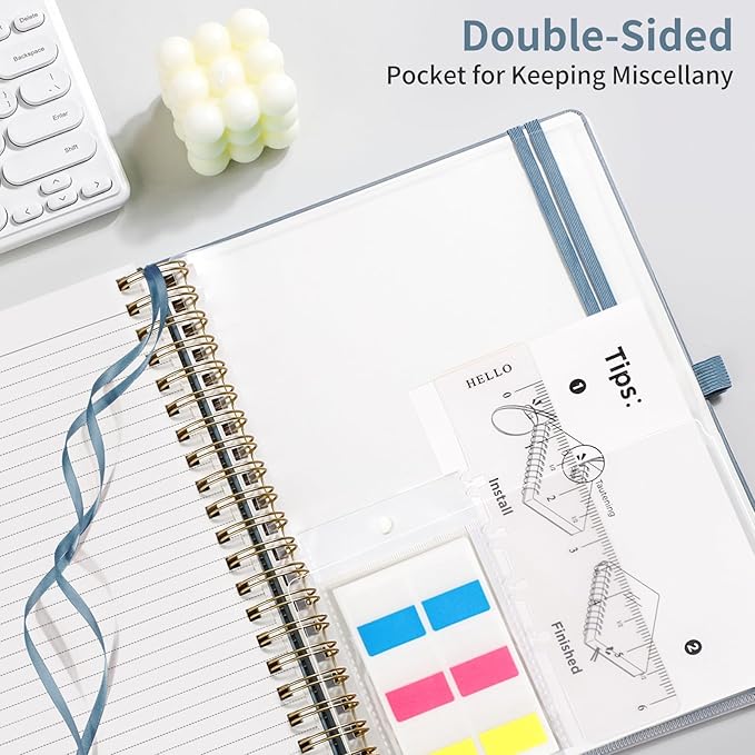 EMSHOI A4 Leather Hardcover Spiral Notebook College Ruled – 300 Numbered Pages, 100 GSM, Lined Journal for Women & Men Work, Journaling, Note-Taking, 8.27” x 11.2” Gray Blue