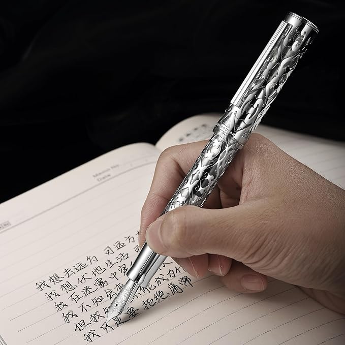 Hongdian D1 Piston Fountain Pen Extra Fine Nib, Hollow Skeleton & Resin Pen with Metal Case Set (Silver)