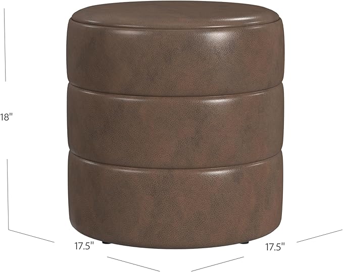 HomePop Upholstered Faux Leather Round Ottoman Home Décor|Foot Rest Ottoman- Brown Faux Leather