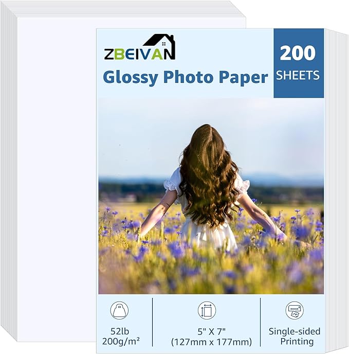 ZBEIVAN 5x7 Photo Paper, Glossy Photo Papers 200 Sheets, 5 x 7 Inkjet Printer Photo Paper for Dye Ink, 200 GSM