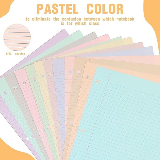 PerKoop 600 Sheets Colored Loose Leaf Paper 8.5" x 11" college ruled Lined 3 Hole Punched notebook Filler Paper for 3 Ring Binders Office School Supplies (Aesthetic Color)