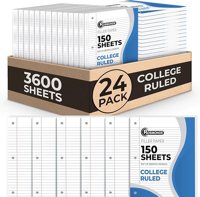 Loose Leaf Paper Bulk, 3600 Sheets, 24 Pack, College Ruled Sheets, 8 x 10.5", 150 Sheets/Pack, 3 Hole Punch, Bulk Notebook Paper, Filler Sheets, Fits Standard Binders, Fights Ink Bleed, White