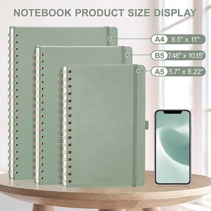 AHGXG Lined Spiral Journal Notebook, B5 Large Notebooks for Women Men, 140 Pages Hardcover Leather Notebook College Ruled, 100 GSM Paper, Notebooks for Work School Note Taking, 7.6" x 10", Sage Green