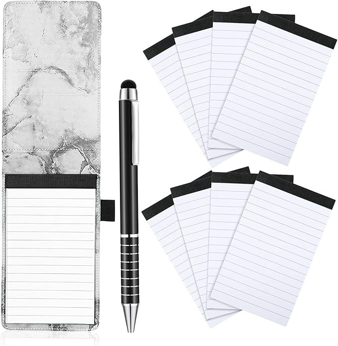 Outus 10 Pcs Pocket Notebook with Pen Set Included Mini Pocket Notepad Holder with 50 Lined Sheets, Metal Pen, 8 Pcs 3 x 5 Inch Memo Book Refills, 30 Lined Paper Per Note Pad (Marble Color)
