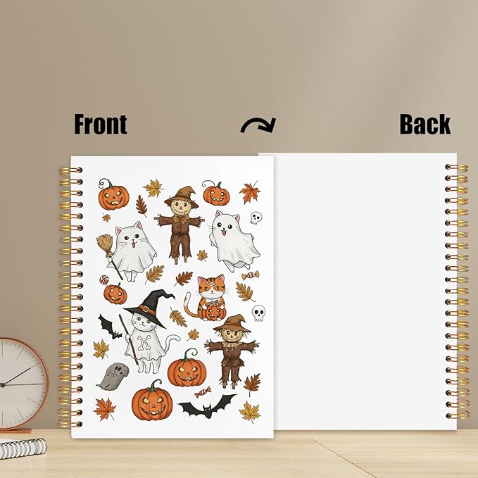 WUCHJ Halloween Notebook, Spooky Pumpkin Ghost Cat Bats Journal, Fall Maple Leaf Scarecrow Spiral Notebook Journal for Note Taking, Fall Halloween Office Supplies, 5.5x8.3 Inch