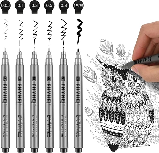 Micro Fineliner Drawing Art Pens: 6 Black Fine Line Ink Set Artist Supplies Archival Inking Markers Liner Professional Sketch Outline Anime Sketching Artist Illustration Watercolor