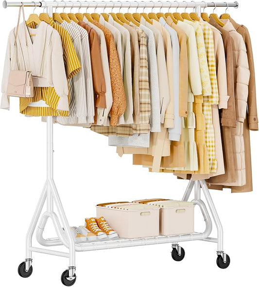 Heavy Duty Clothes Rack, Metal Clothing Rack Load 450 LBS, Rolling Coat Racks for Hanging Clothes with Lockable Wheels, Wardrobe Closet Garment Racks for Bedroom, White