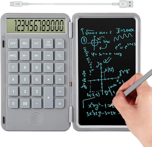 Hion Calculators,12-Digit Large Display Rechargeable Pocket Office Desktop Calculator with Erasable Wiriting Tablet,Mute Basic Desk Calculators with Doodle Pad for Student Home School,Grey