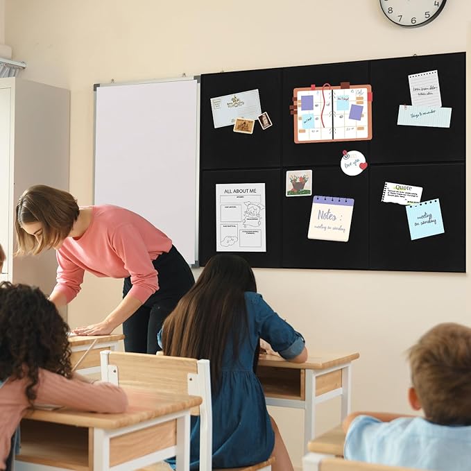 Smarpau Large Cork Board, Black Bulletin Board for Walls 48"x36", 12 Pack Pin Board Felt Wall Tiles with 35 Pushpins 50 Removable Security Stickers, Cork Boards for Office Home Decoration