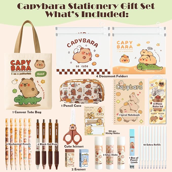 School Supplies Cute Stationery Set Back to School Capybara Pencil Case,Canvas Bag,6 Gel Pens,4 File Pockets,3 Glue Sticks,6 Mechanical Pencils, Perfect Easter Christmas Birthday Gifts for Children