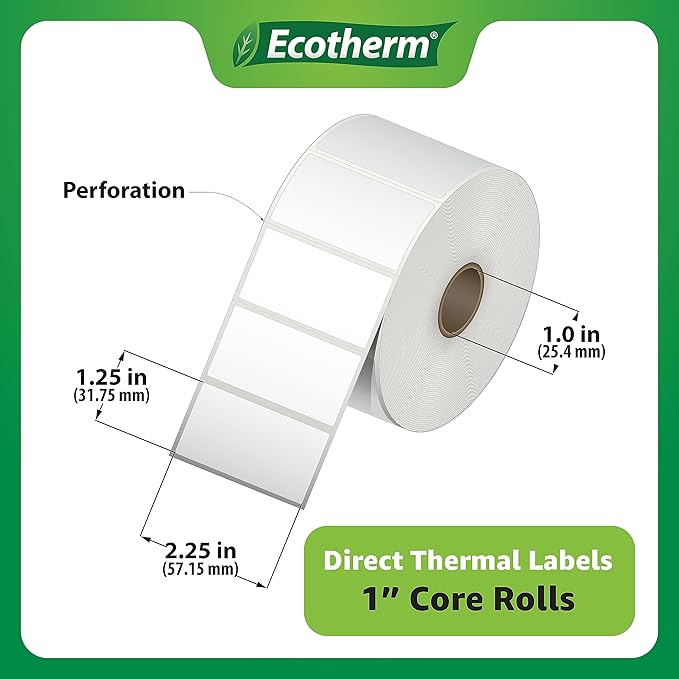 2.25" x 1.25" Thermal Labels | 4 Rolls | 4540 Labels | fits Zebra, Munbyn, Rollo, Godex, Arkscan, iDPRT, Offnova Thermal Label Printers and More | Blank White Adhesive Stickers by Ecotherm