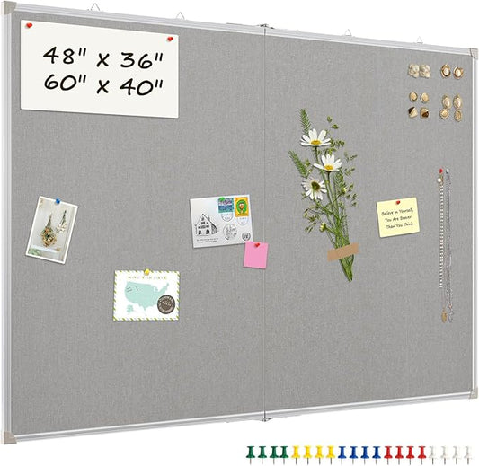 Double-Sided Large Cork Board with Linen, 60" x 40" Foldable Hanging Aluminum Framed Bulletin Board, Vision Board Pin Board Corkboards for Walls, Office, School Decor, 20 Pushpins