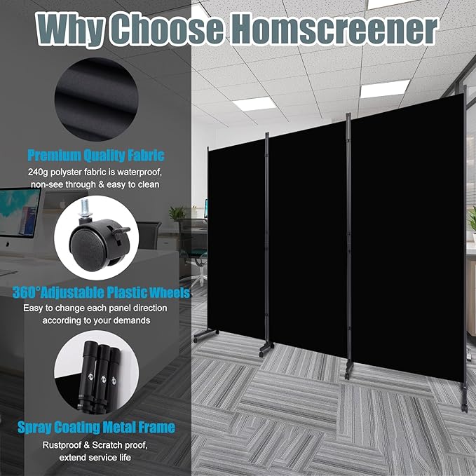 Room Divider Folding Privacy Screens with Wheels, 6FT Tall Divider for Room Separation, 3 Panel Movable Room Partitons and Dividers, Indoor Room Dividers Panel with Non-See Through Fabric for Office