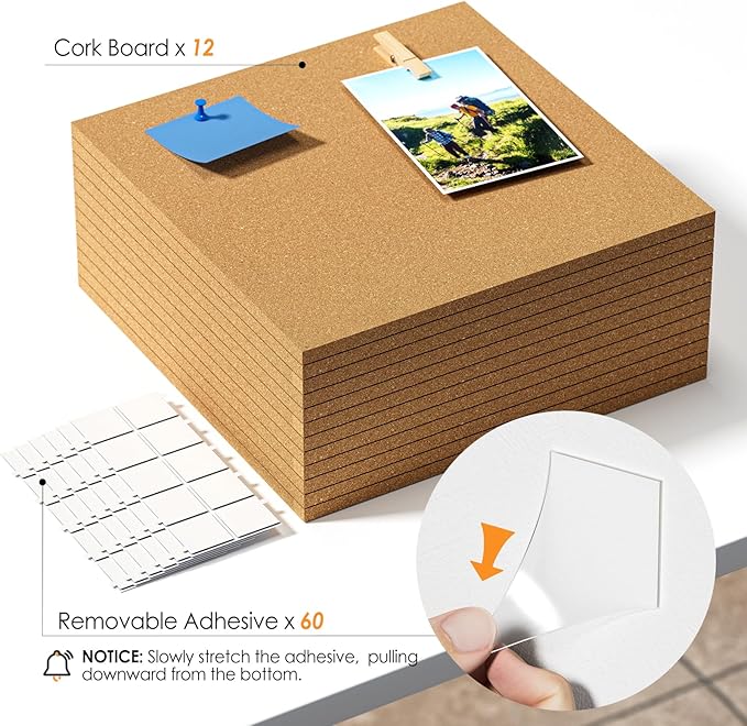MaxGear Large Cork Board for Wall 48" x 36", 12 Pack Cork Board Tiles with 40 Pushpins & Safe Removable Adhesive Tabs, 12" x 12" Corkboards for Office, School & Home