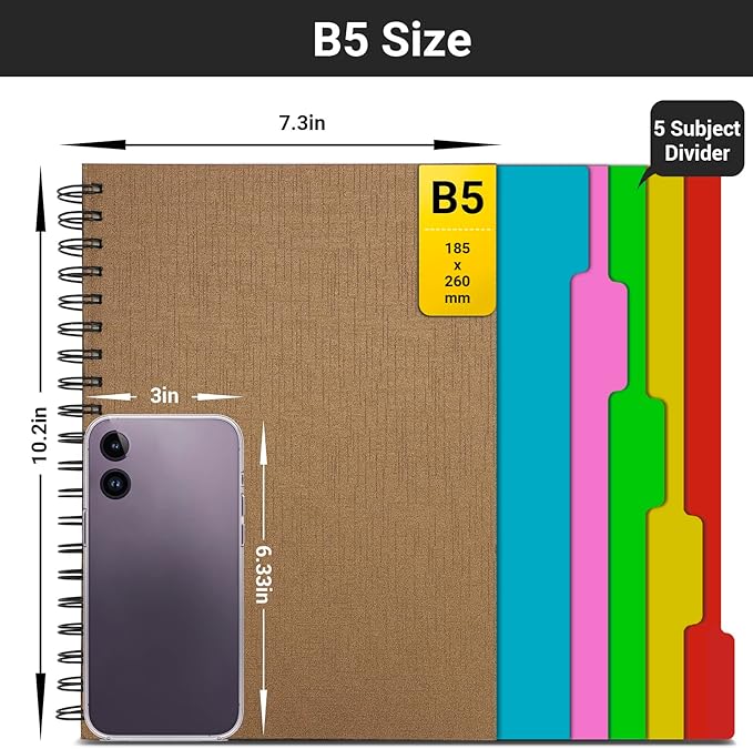 EUSOAR Spiral Notebook 5 Subject, 3pcs B5 7.3"x10.2" College Ruled Writing Pad, Thick Hardcover, 100GSM 120Sheets/ 240Pages of Lined Paper, for Journals, Students, Office and Business, Kraft
