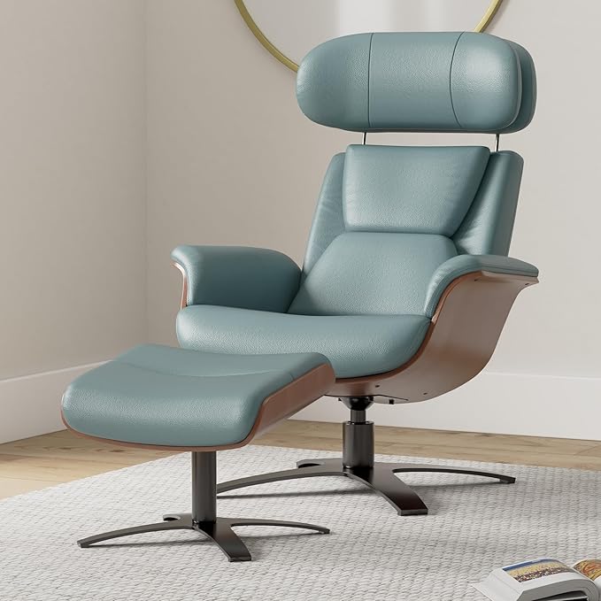CHITA Genuine Leather Reclining Swivel Chair with Adjustable Headrest and Ottoman for Living Room, Teal