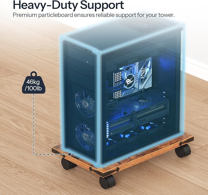 HOOBRO Mobile PC Stand, Ventilated Computer Tower Stand, PC Tower Holder with 4 Caster Wheels, CPU Holder Under Desk Fits Most Computer Host, for Office, Gamers, Rustic Brown BF46CJ01