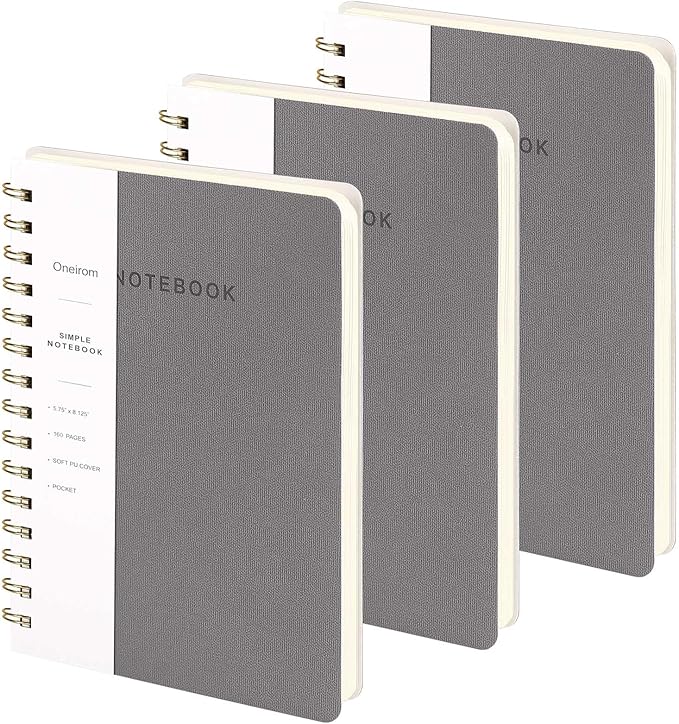 Lined Spiral Notebook College Ruled A5 Journal Book for Note Taking, 160 Pages Writing Journal for Office and Home School Supplies 5.75x8.125 inch (3pack-Grey)
