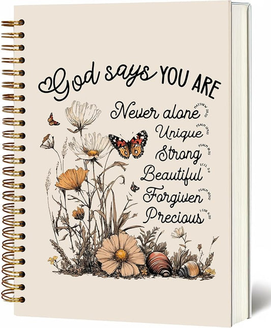 Bible Notebook, A5 Spiral Christian Journal with Floral Notebook, Bible Verse-God Says You Are, Inspirational Notebooks for Women, Bible Study, Gift for Birthday Christmas