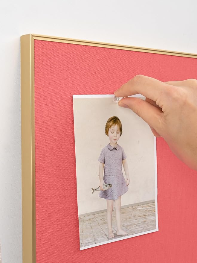 Bulletin Board 23.6 x 17.7 inches, Coral Red Pin Board, Golden Aluminum Framed Fabric Cork Board with 10 Push Pins