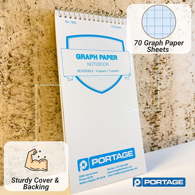 Portage Graph Paper Notebook – Top Bound Spiral Grid Notepad, Small Graph Notebook Writing Pad, Reversible with Notes Template, Thick Cover For Stability – 4 x 8 In, 70 Sheets, 12 Pack