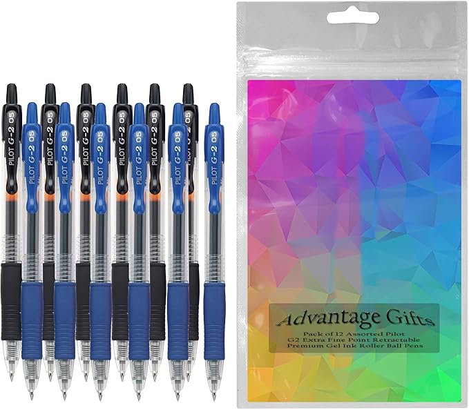 G2 Retractable Premium Gel Ink Roller Ball Pens Extra Fine Point (.5mm) Black/Blue Ink 12 pack; Refillable & Premium Comfort Grip Bundle with Plastic Reusable Pouch